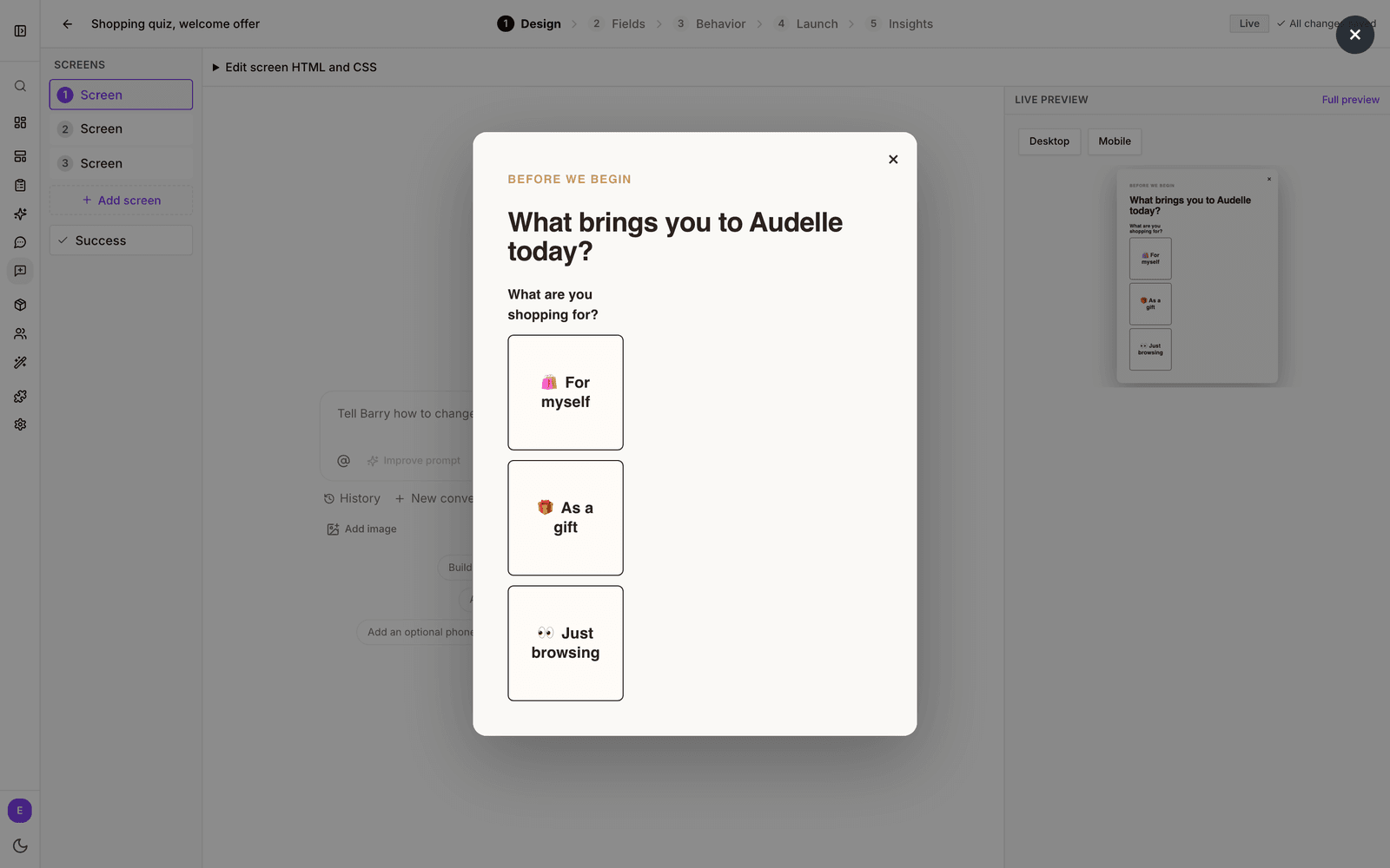 A shopper taps an answer on the question screen, enters their email on the next screen, submits and sees the thank-you screen with a discount code