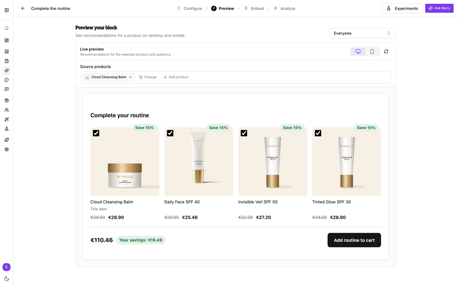 A bundle block: unticking one product updates the total and the savings, ticking it again restores the bundle saving, and the add button adds the selection