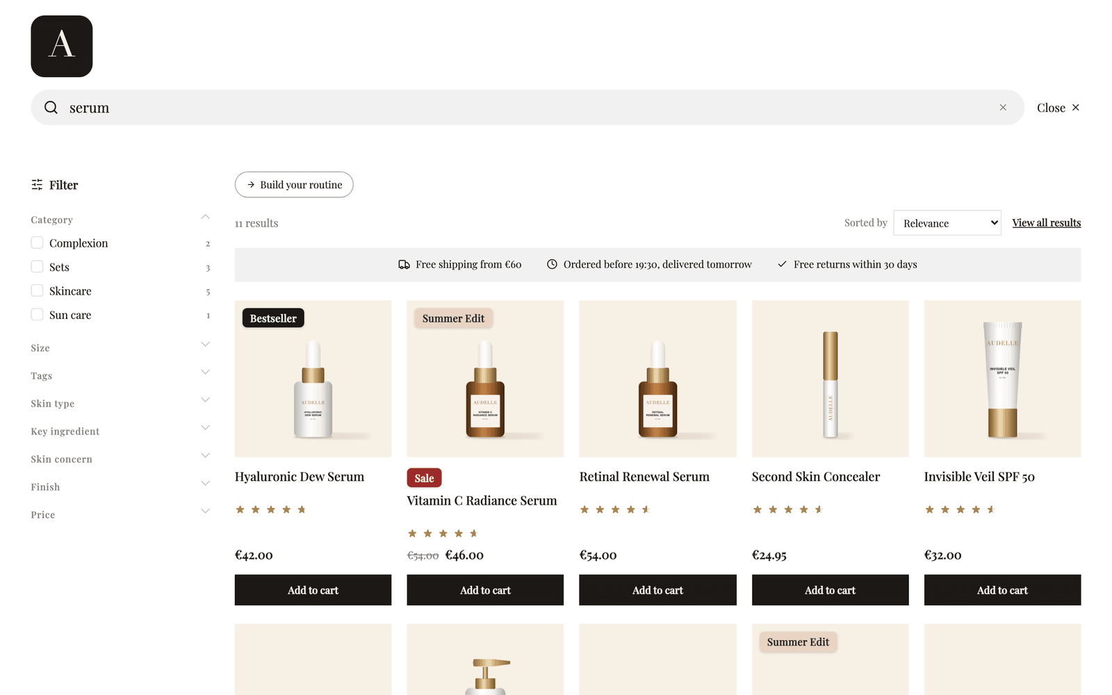 A shopper types a search into the store's search box and the bluebarry dropdown fills with matching products and filters