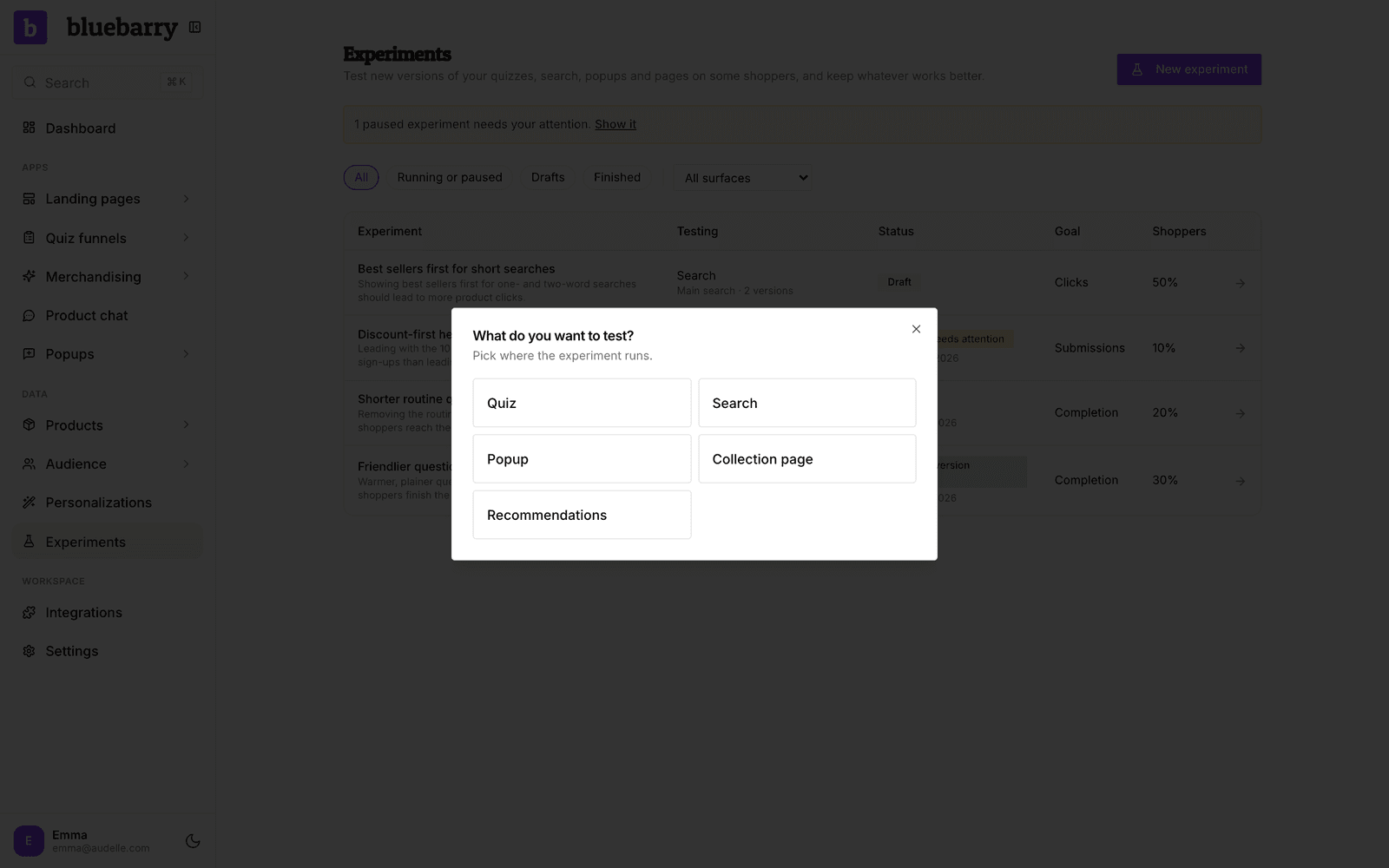 Starting a new experiment from the Experiments page: choosing Quiz, picking a quiz and landing on the New experiment page.